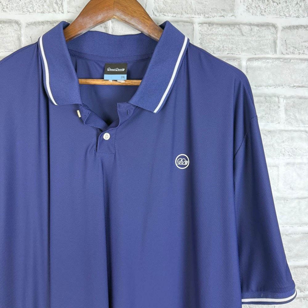 Good Good Golf Polo Shirt Mens 2XL Navy Blue White Tipped Performance Mesh Logo